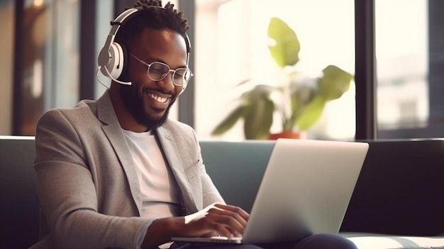 A Man Wearing Headphones And A Laptop With A White Shirt And Headphones On His Head Premium AI Generated Image Min